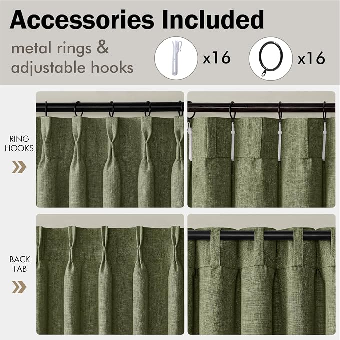MIULEE Olive Green Pinch Pleated Thick Linen Curtains 102 Inches Long 2 Panels - Image 8