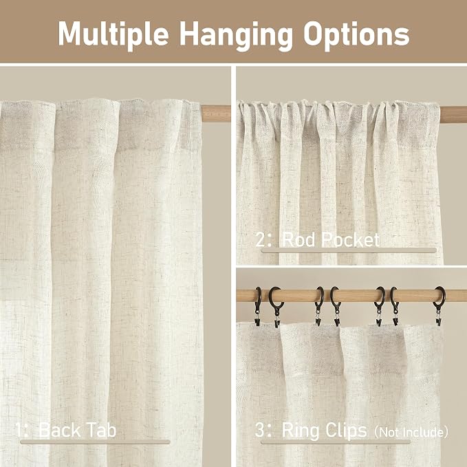 LAMIT Semi Sheer Linen Window Curtains 63 Inch Length, Light Filtering Neutral - Image 2