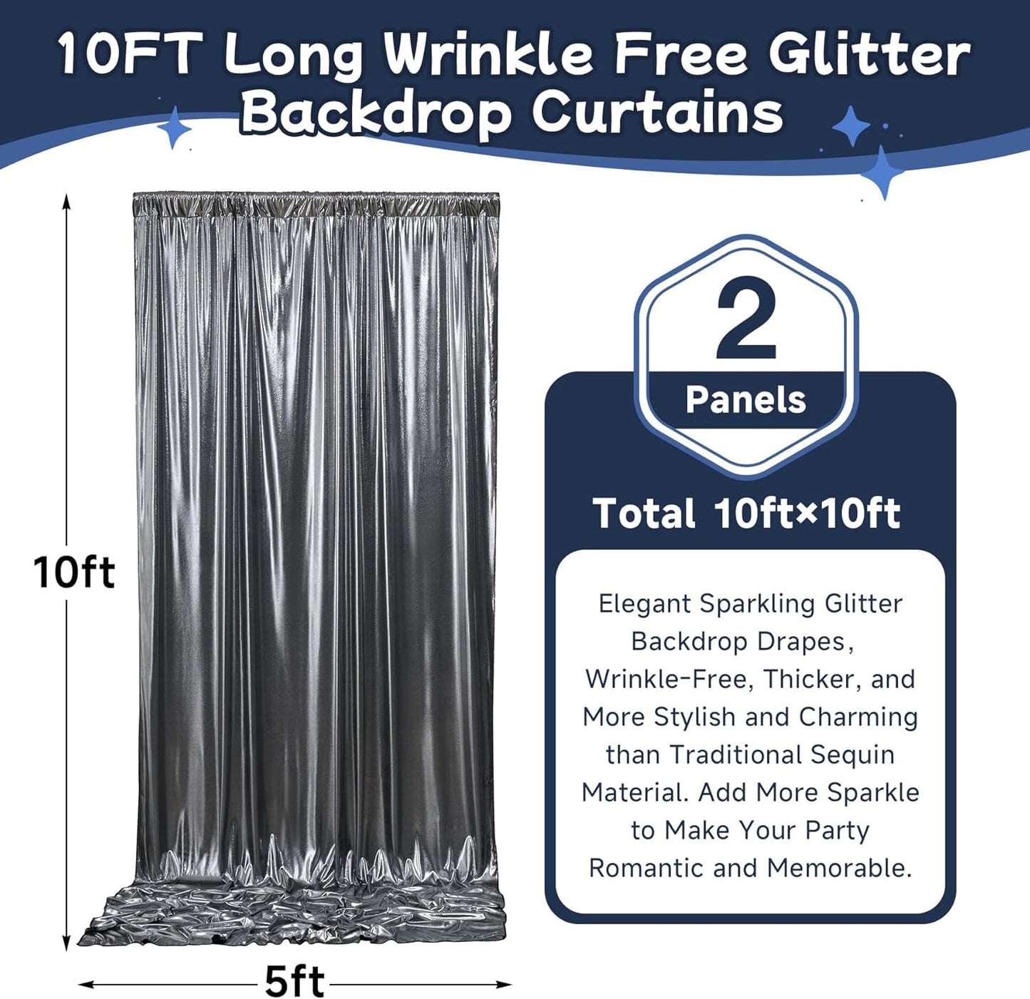 10ftx10ft Black Silver Glitter Sequin Backdrop Curtain for Parties, Wrinkle Free Sparking Backdrop Drapes, 2 Panels 5x10ft Shimmer Photo Back Drop Cloth for Wedding Birthday Photography