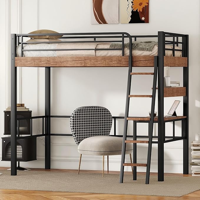 Metal Twin Size Loft Bed with Built-in Desk,Storage Shelf and Ladder,Full-Length Guardrails and Secured Metal Slats, High LoftBed W/Large Storage Space for Kids Teens Adults Bedroom,Black