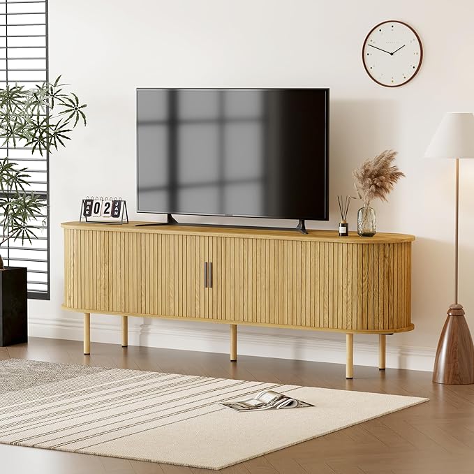 GarveeHome 70.1" TV Stand, Modern TV Console Table with Storage Compartment and Sliding Door, Gaming Entertainment Center with Cabinet for Living Room, Bedroom, Office, Oak