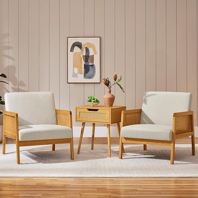 Yaheetech Accent Chair, Modern Armchair with Wood Legs, Mid Century Living Room Chair Linen Comfy Lounge Chair for Bedroom Reading Room, Set of 2, Beige