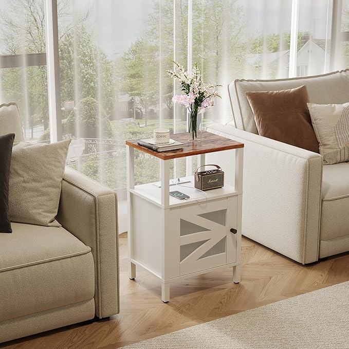 Farmhouse Nightstand with Charging Station, White Bedside Table with USB&Type-C Ports and Outlets, End Table with Storage, Acrylic Door, for Bedroom, White and Rustic Brown ETRW97E01