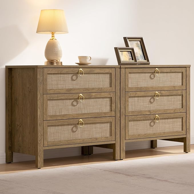 SICOTAS Nightstand Set 2 with Drawers - Large Rattan Bedside Table with Golden Handle, 3 Drawers Night Stand Tall End Table 26.78" Wide Side Table Boho Nightstand for Bedroom