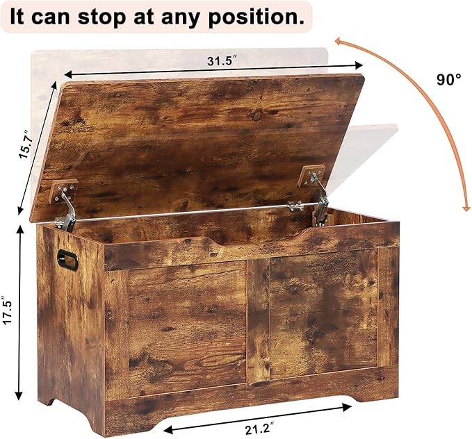 31.5" Storage Chest, Wooden Storage Bench, Lift Top Toy Chest with 2 Safety Hinges, Large Toy Box, Entryway Shoes Bench for Living Room, Bedroom, Rustic Brown