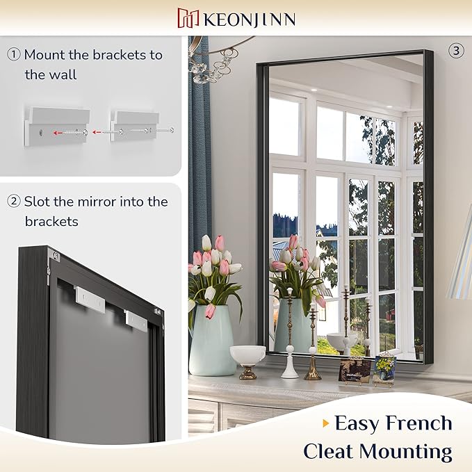 Keonjinn Black Bathroom Mirror for Over Sink 16 x 24 Inch Small Rectangle Vanity Mirror Metal Framed Mirror Brushed Black Wall Mount Modern Farmhouse Bathroom Mirror(Horizontal/Vertical)
