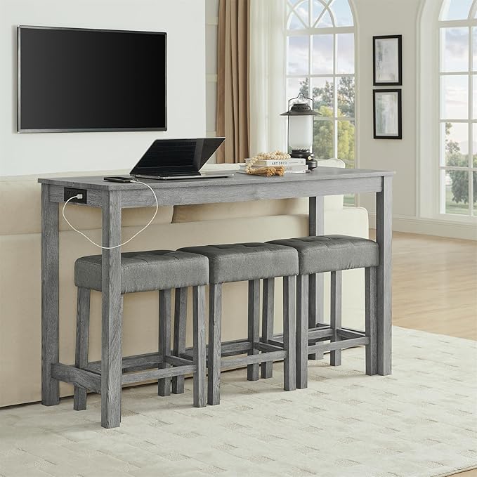 Ball & Cast 4 Piece Kitchen Dining Room Table and Chairs Set, Farmhouse Wooden Counter Height Bar-Sets w/USB Ports & Power Outlet & 3pcs Stools, 59" Sofa-Table Barstool w/Charging Station, Grey