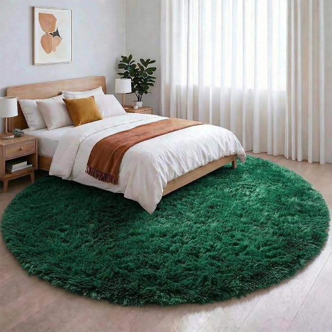 Amdrebio Dark Green Fluffy Round Rugs 5Ft by Amdrebio