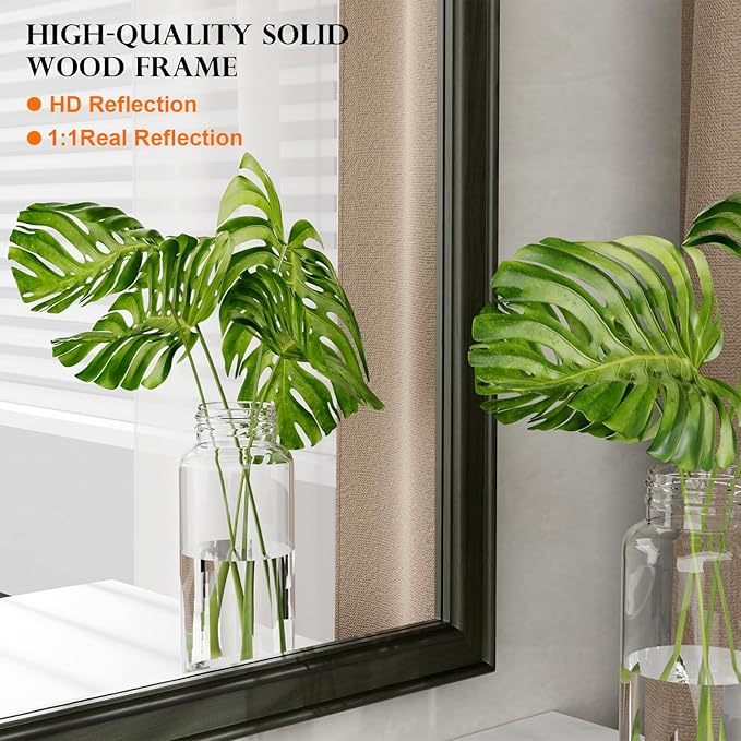 WallBeyond Wood Frame Bathroom Mirror 24" x 36" Wooden Arched Wall Mirror Farmhouse Style Bathroom Vanity Mirror for Home Decor Rectangle Mirror (Black)