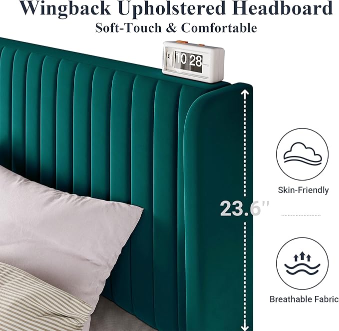 Allewie Queen Size Bed Frame/Velvet Upholstered Platform Bed/Vertical Channel Tufted Wingback Headboard/Strong Wooden Slats/No Box Spring Needed/Easy Assembly/Teal