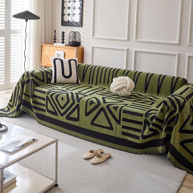 HANDONTIME Boho Geometric Couch Covers for Sofa Pet Friendly Avocado and Black Sofa Covers Washable Chenille Couch Blanket Cover for 1 2 Cushion Couches Pet Protector Furniture Cover Soft, 71" X 102"