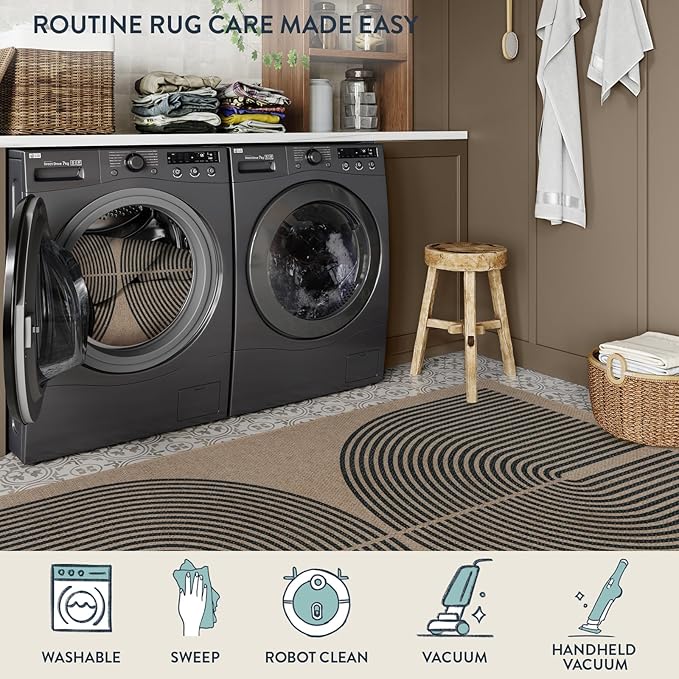 Lahome Modern Rainbow Easy Jute Rug, Washable Rugs 5x7 for Living Room Bedroom Black Farmhouse Indoor Outdoor Patio Carpet, Contemporary Natural Throw Mat Non Slip Carpet for Office RV