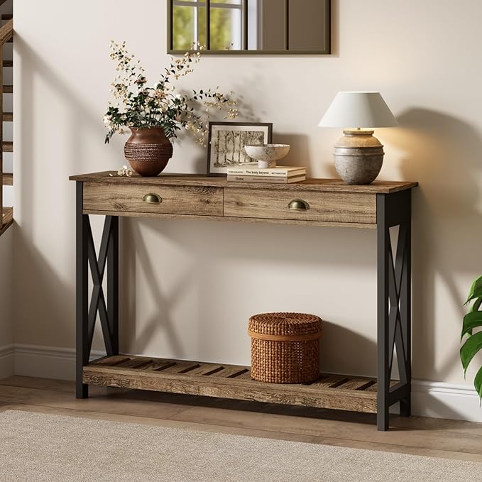 ChooChoo Farmhouse Console Table with Drawer for Entryway, Narrow Long Entry Table with Shelf for Living Room, Rustic Vintage Hallway Sofa Table with Stable X Supports, 40 Rustic Oak & Black