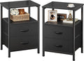 Huuger Night Stand Set of 2, Nightstand with 2 Drawers, Bed Side Table with Open Shelf, Wooden Top, End Table, Fabric Drawer, for Bedroom, Black