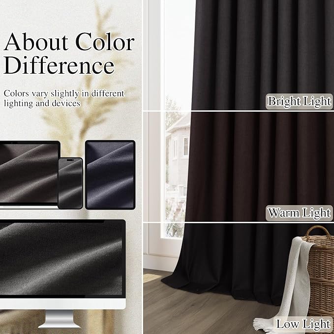 Guken Black 100% Blackout Linen Curtains 102 Inch Length 2 Panels Set - Image 7