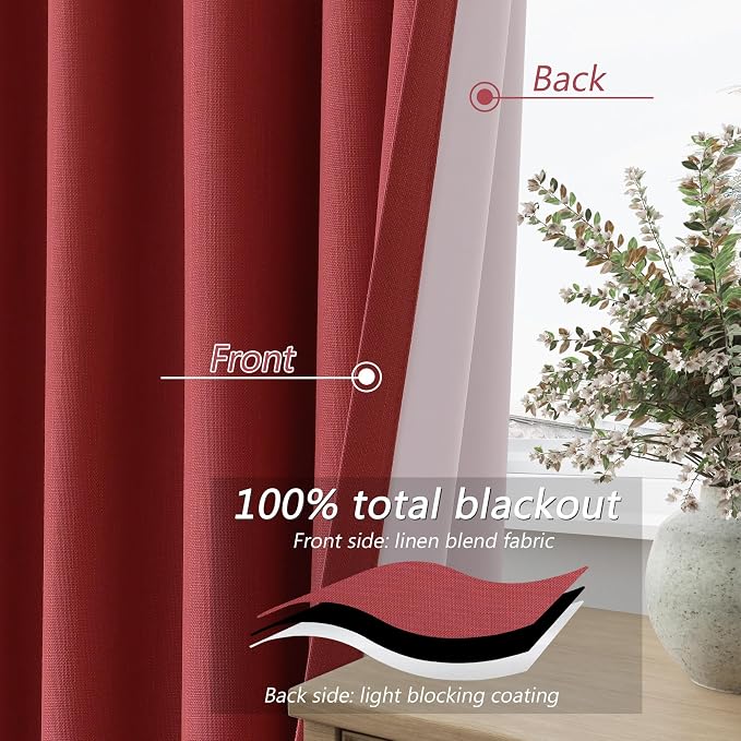 Guken Red 100% Blackout Linen Curtains 108 Inch Length 2 Panels Set - Image 3