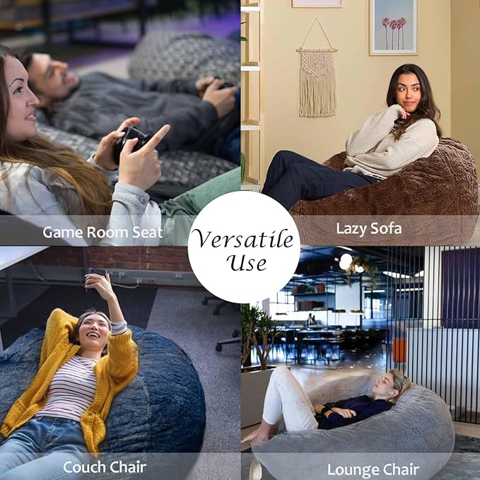 BCU Oversized Bean Bag Cover Comfy Beanbag Chair for Adults Without Filler Faux Fur Floor Chair Lazy Sofa Cover Comfy for Living Room Chairs, Milk Orange, 5FT