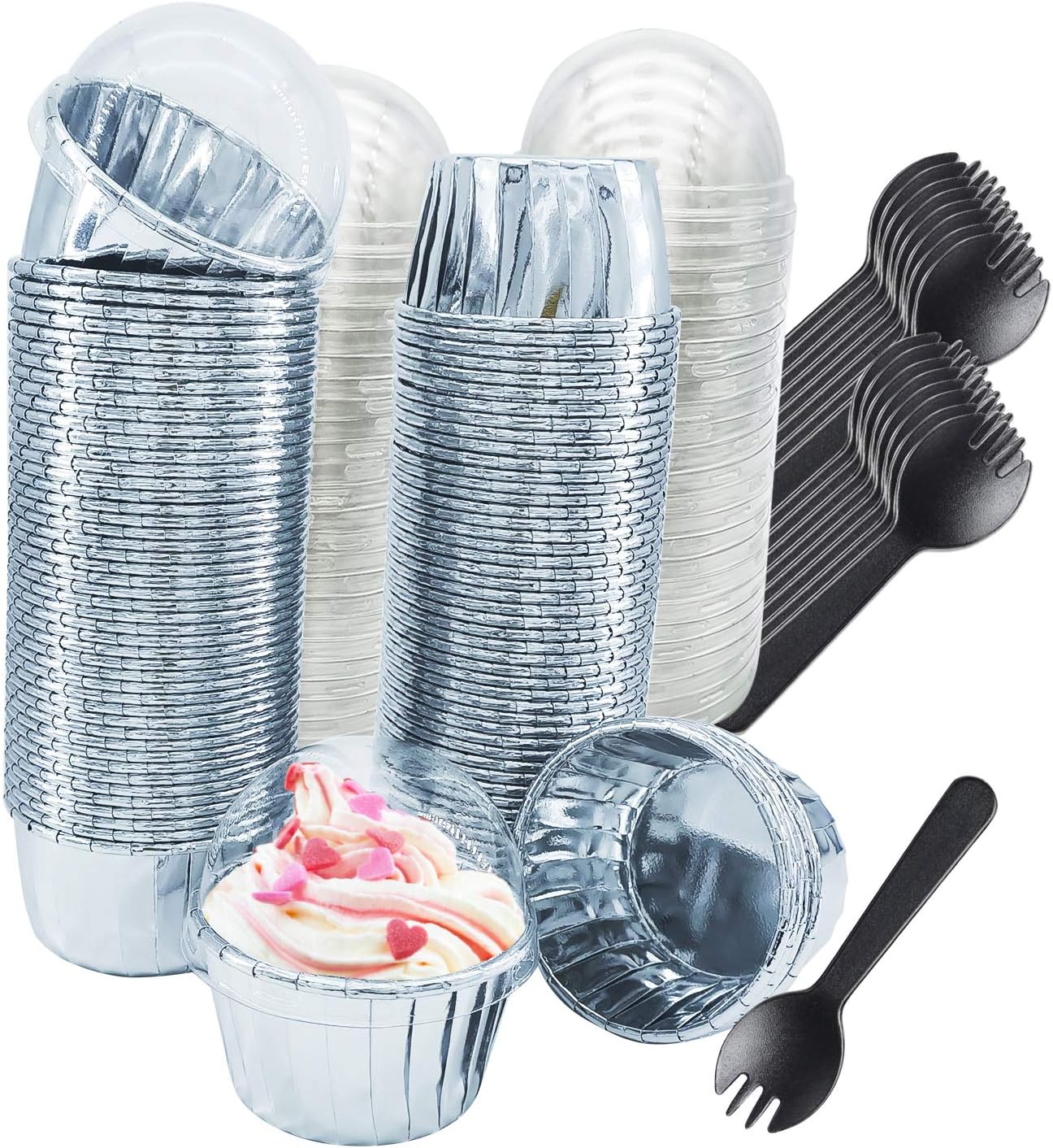 Foil Cupcake Liners with Lids 100Pack,Free-Air 3.5Oz Foil Baking Cups Mini Muffin Liners,Disposable Muffin Tins Muffin Cups,Sturdy Baking Tins Cupcake Wrappers for Individual Bakery,with Spoons-Silver