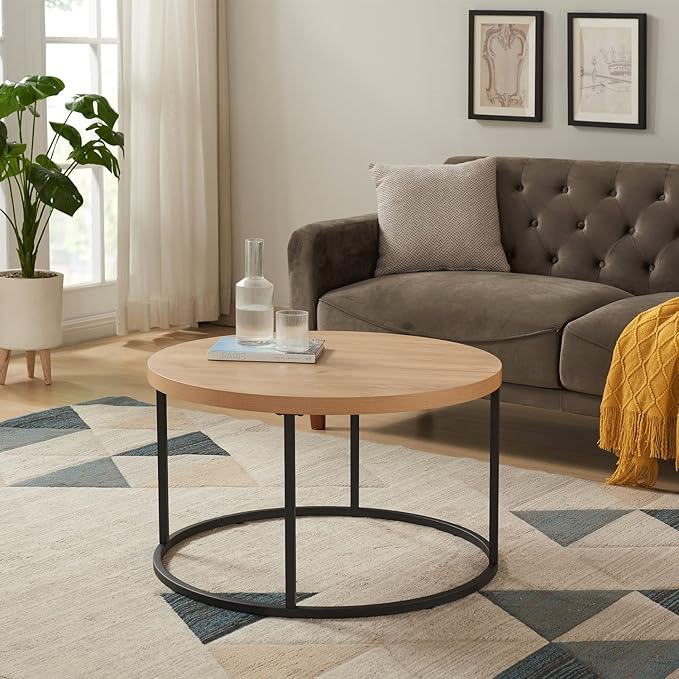 CENSI 16-Inch Natural Oak Round Accent End Table Side Table for Living Room, Mid-Century Modern Nightstand for Bedroom, Plant Stand, Wood and Metal