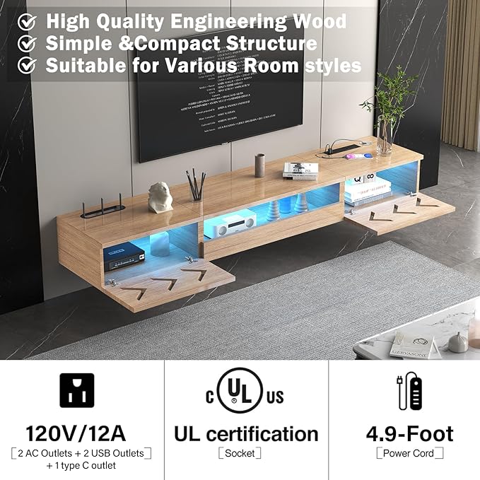 Floating TV Stand, 71" Floating Entertainment Center Wall Mounted,Floating Wall Mounted TV Shelf with Led Lights and Power Outlet,Modern High Gloss tv Cabinet Media Console with Storage
