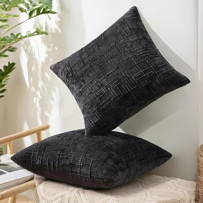 decorUhome Black Chenille Throw Pillow Covers 20x20 Set of 2 Textured Soft Cozy - Image 7