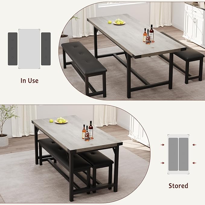 3-Piece Dining Table Set for 4-6 People, Extendable Kitchen Table Set with 2 Upholstered Benches, Dining Room Table Set for Apartment, Kitchen, Living Room, Gray