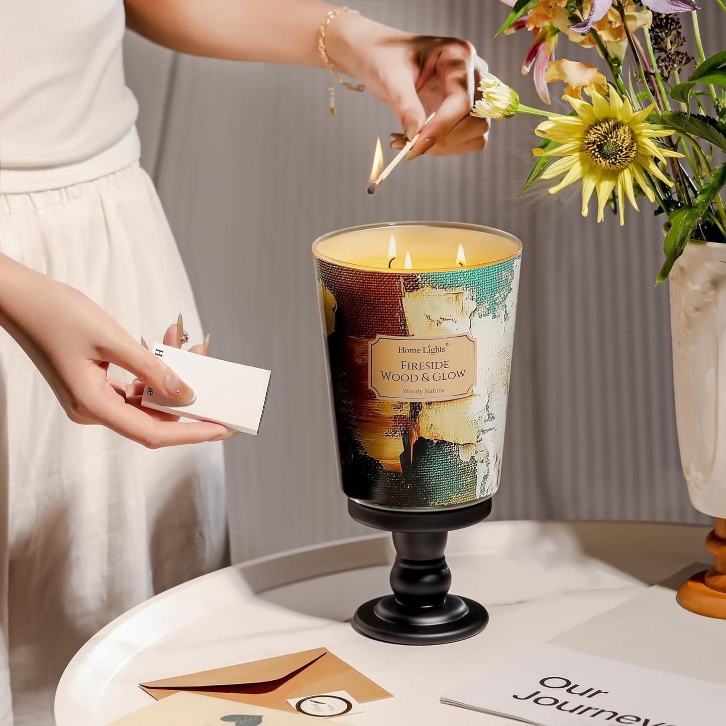 HomeLights 3-Wick Candles for Home Scented - 34oz Soy Wax Blend Candle Long-Lasting Fragrance, Industrial Chic Home Decor and Housewarming Gifts, Fireside Wood & Glow