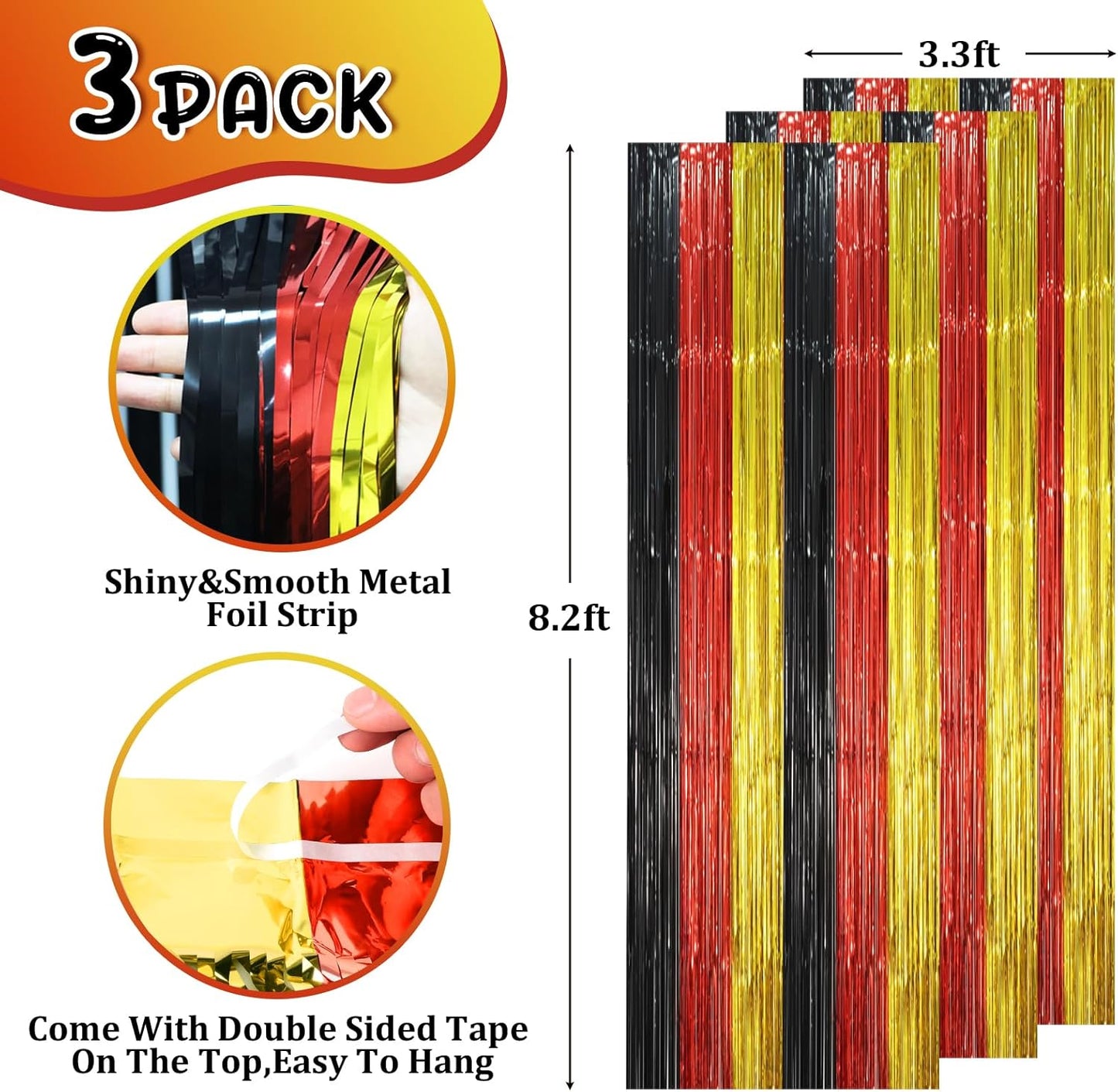3 Pack 3.3 x 8.2 ft Red Black Gold Foil Fringe Backdrop Curtains, Tinsel Streamers Party Decorations, Fringe Backdrop, Door Shimmer for Thanksgiving Day or Birthday Party