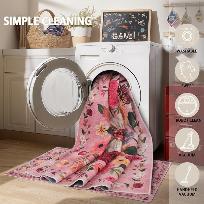 Pink Floral Rug for Entryway, 2X3 Washable Kitchen Mat Ultra-Thin Soft - Image 6