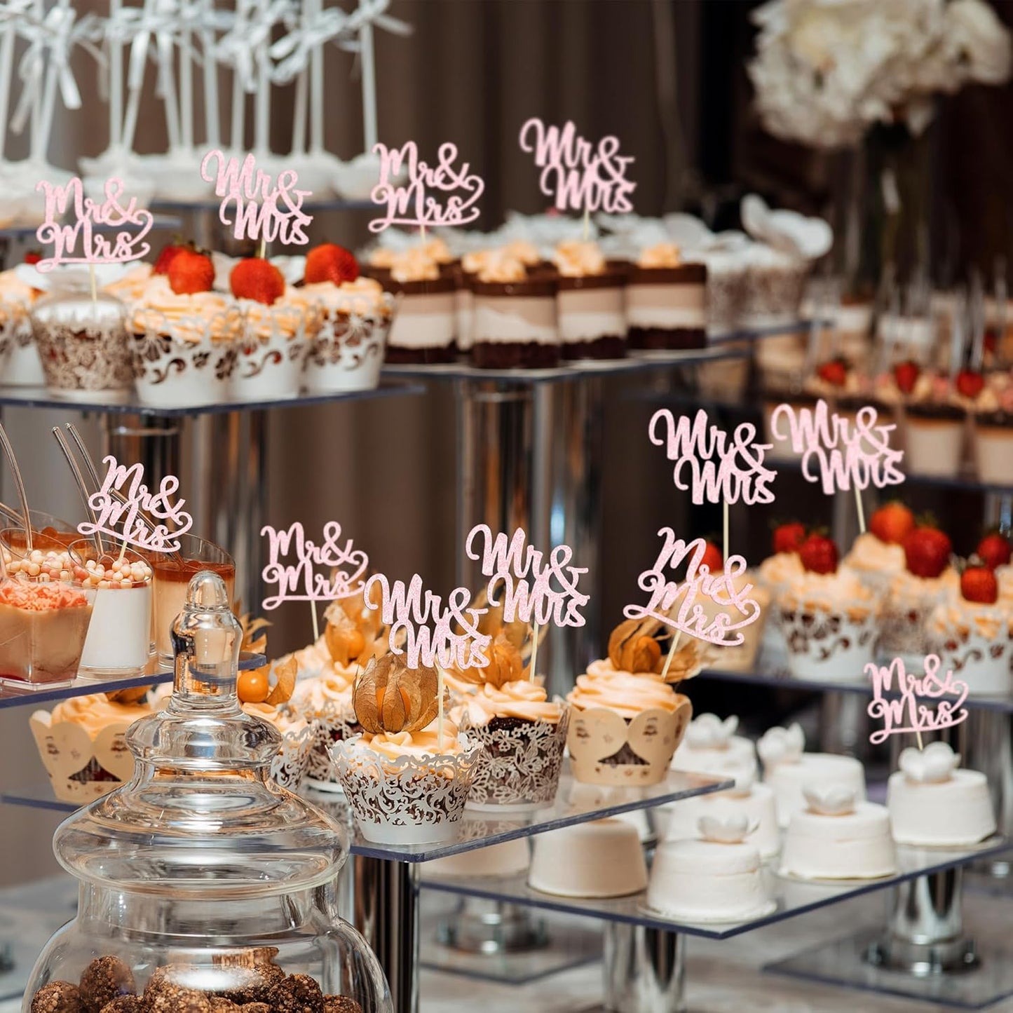 Gyufise 36Pcs Mr & Mrs Cupcake Toppers & Picks Wedding Engagement Cake Decorations for Wedding, Birthday, Anniversary Party Supplies Light Pink