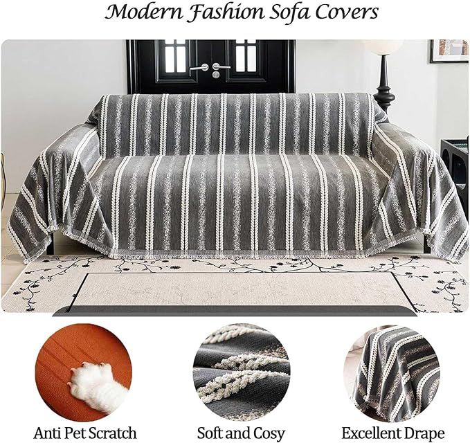 Couch Cover for Dogs Washable Sofa Cover, Sectional Couch Covers, Sofa Covers for 2 Cushion Couch, Non Slip Stripe Sofa Slipcovers Furniture Protector, Couch Protector from Cat Claws, Grey,71''x118''