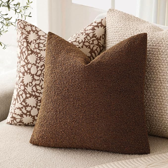 Foindtower Set of 2, Decorative Textured Boucle Throw Pillow Covers Accent Solid Pillow Cases Neutral Soft Cozy Couch Cushion Case for Chair Sofa Bedroom Living Room Home Decor 16x16 Inch Hazel Brown