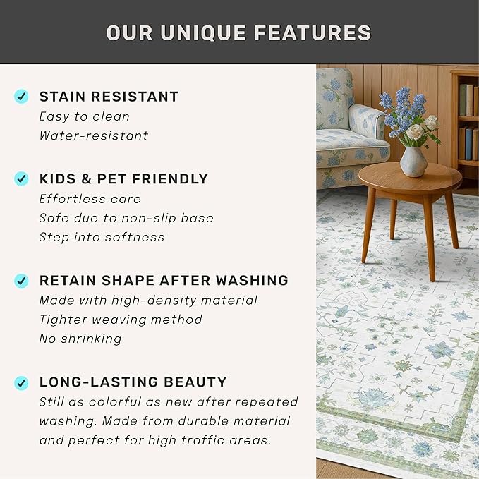 Oushak 3x10 Wide Hallway Runner Rug - Vintage Turkish Floral, Washable Low Pile Non Slip 10ft Long Runners for Kitchen, Hall Way - Light Blue and Green