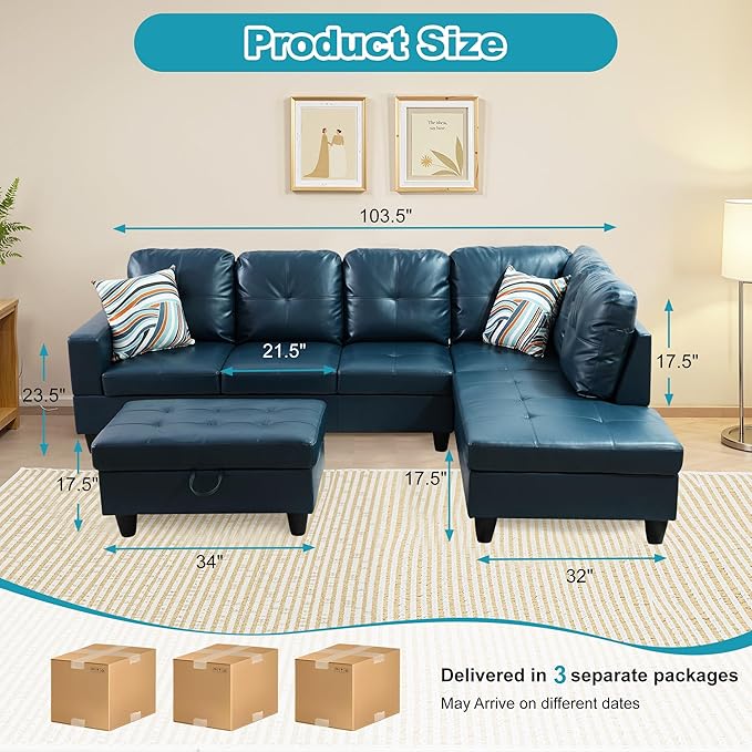 Couches for Living Room PU Leather L Shaped Couch Comfy 3 Pieces Sectional Sofa with Chaise, Ottoman with Storage for Office and Small Apartment, Peacock Blue