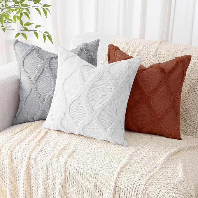decorUhome Throw Pillow Covers 24x24 Inch Set of 2, Soft Plush Faux Fur Wool Pure White Couch Pillow Covers, Decorative Neutral Pillow Cases for Bed Sofa Living Room Home Decor