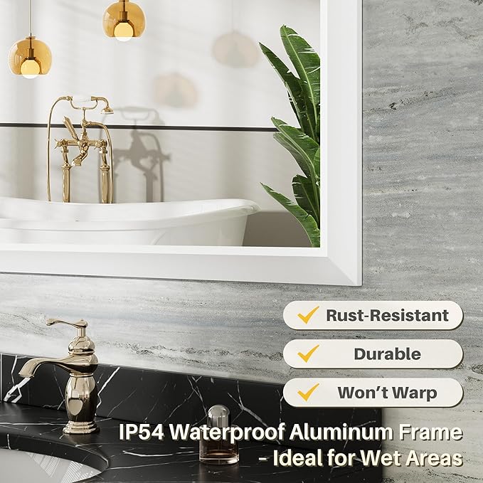 72x32 Inch White Bathroom Mirror for Wall, Thick Metal Framed Rectangle Mirrors for Over Sink, Bedroom, Living Room, Entryway, Anti-Rust, HD Tempered Glass