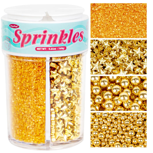 Edible Gold Pearl Sprinkles for Cake Decorating, Gold Sugar Sanding and Star Sprinkles for Cupcake, Cookie, Baking Cake Decorations, 160g/5.64oz, Holiday, Wedding Party, Christmas Supplies