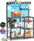 Aheaplus Bakers Rack with Power Outlet and LED Light Strings, Microwave Oven Stand Kitchen Storage Shelf with Wire Basket, Coffee Bar Station Island Table with 10 Hooks for Spices, Pots, Black Oak