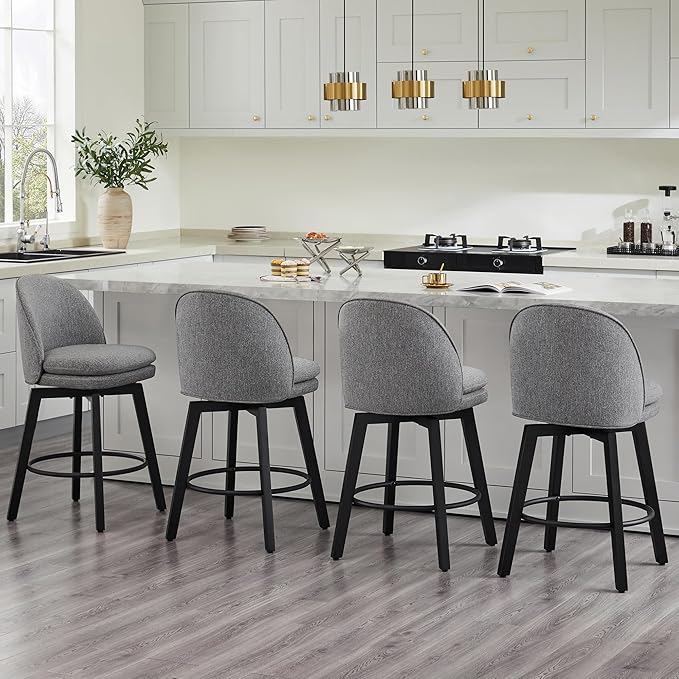 Counter Height Barstools 26 inch Upholstered Swivel Bar Stools with Back and Wood Legs for Kitchen Island,Set of 3,Dark Grey Fabric-Armless