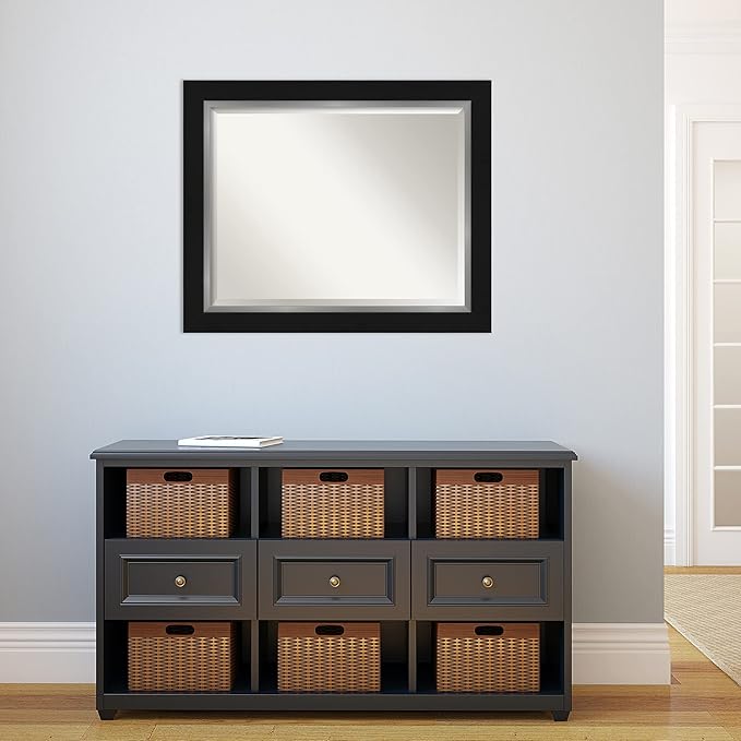 Amanti Art Black Bathroom Mirror for Over Sink, 28x34 Eva Black Silver Rectangle Vanity Mirror, Large Modern Contemporary Frame, Hangs Horizonally and Vertically, Bathroom Wall Decor, Beveled Edge