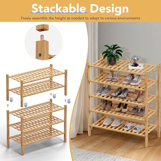Haddockway 5 Tier Bamboo Shoe Rack Storage Organizer, Multifunctional Free Standing Stackable Shoe Shelf with Grid Panel for Closet,Hallway,Entryway,Small Space 27"x11"x32" (Natural, 5 Tier)