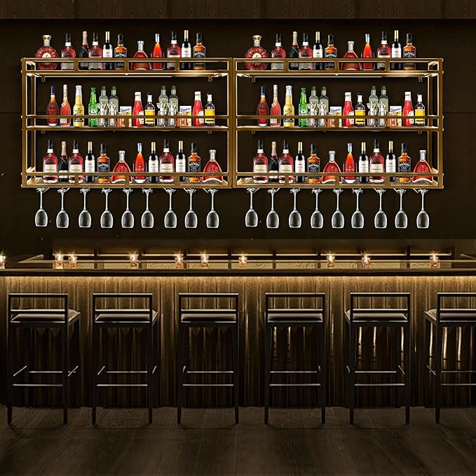 47 Inch Metal Wine Rack Wall Mounted, Bar Shelves for Liquor Bottles with LED Light, 3 Tier Large Capacity Liquor Rack Wall Mounted with Glass Holder for Home Bar & Dining Room, Gold