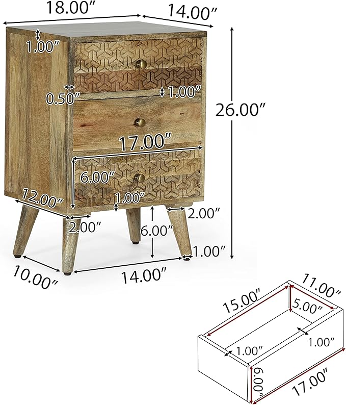 Christopher Knight Home Lytle Handcrafted 3 Drawer Nightstand - Mango Wood - Natural