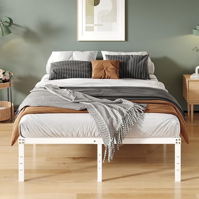 16 Inch White Full Size Bed Frame No Box Spring Need, Metal Platform Full Bed Frames with High Storage, Eassy Assembly 3,500 lbs Heavy Duty Bedframes