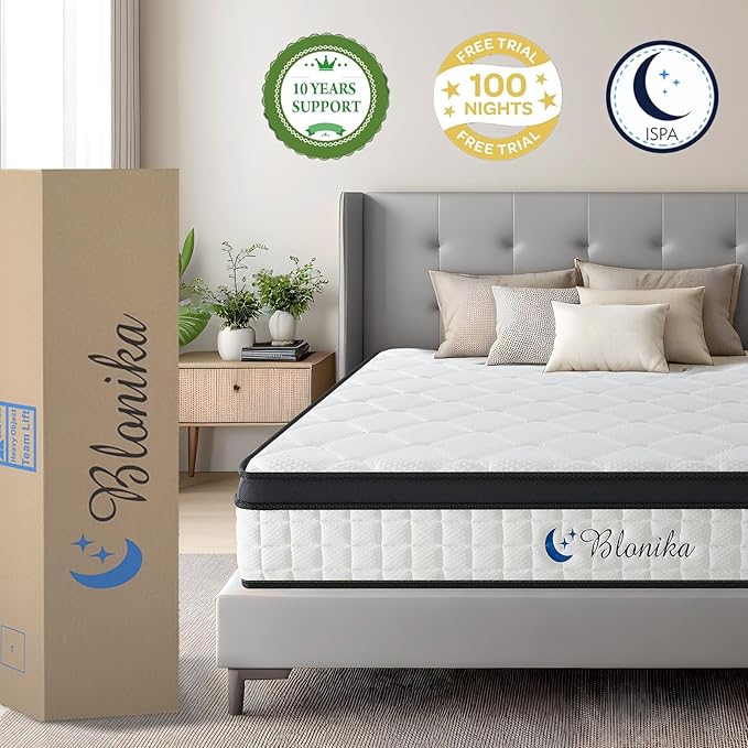 Queen Size 10 Inch Gel Memory Foam Mattress with Individual Pocket Spring for Pressure Relief & Motion Isolation, Premier Comfort Night Sleep, Medium Firm Hybrid Queen Mattress in a Box