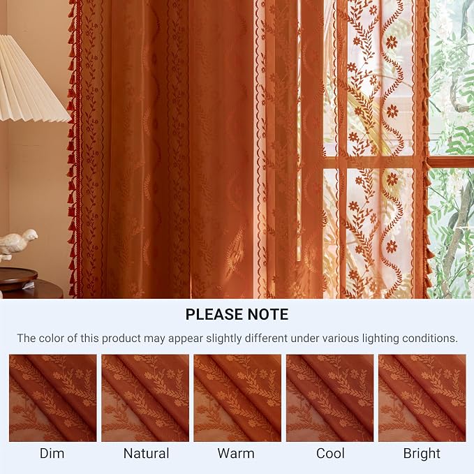WAZZIO Boho Lace Curtains 105 Inch 2 Panels-Vintage Sheer Panel Drape Floral - Image 9