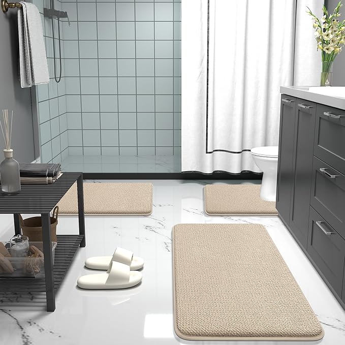 OLANLY Thick Memory Foam Bath Mat Rug 36x24, Extra Soft Absorbent Bathroom Rug, Quick Dry Bath Mats, Non-Slip, Machine Washable Carpet for Bathroom, Tub and Shower, Home Decor Accessories, Beige