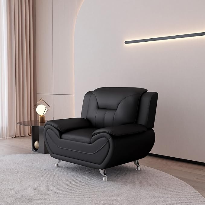 Container Furniture Direct Michael Modern Faux Leather Upholstered Stainless Steel Legs Living Room Sofa, Chair, Black