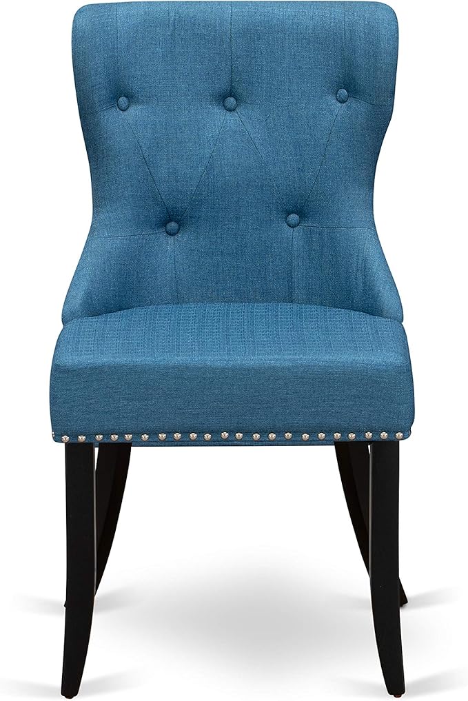 East West Furniture DLSI5-BLK-21 5 Piece Dining Room Table Set Includes a Round Kitchen Table with Dropleaf and 4 Blue Linen Fabric Parson Dining Chairs, 42x42 Inch, Black
