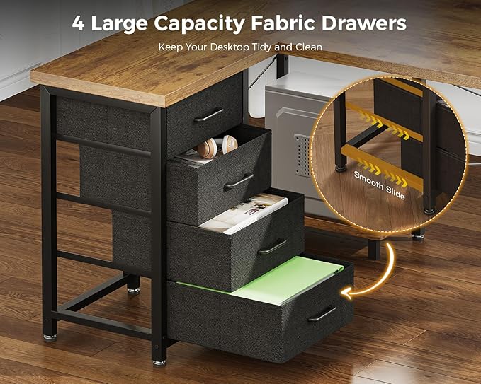 AODK L Shaped Desk with 4 Tier Drawers, 53" Reversible Gaming Desk with Power Outlets, L Shaped Computer Desk with USB Charging Port and Host Stand, Home Office Corner Desk, Easy to Assemble, Vintage